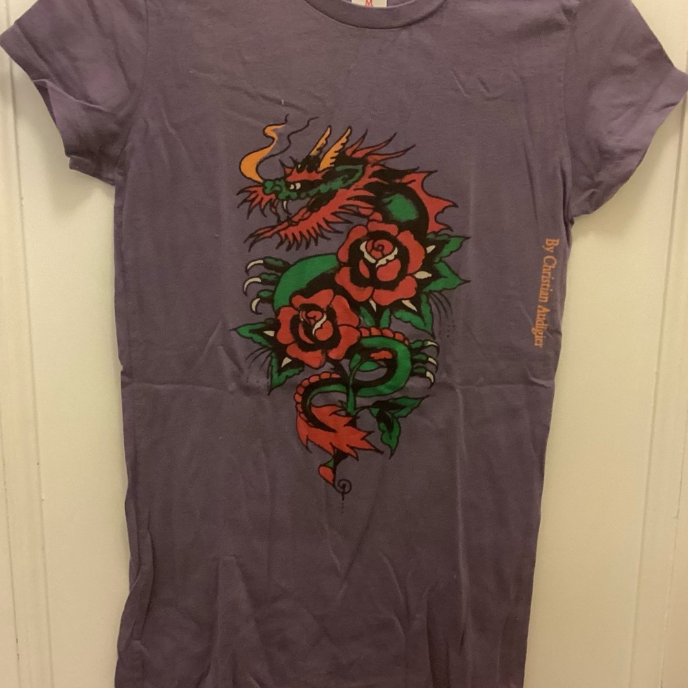 Purple T-Shirt with Dragon and Rose Design. Ed Hardy